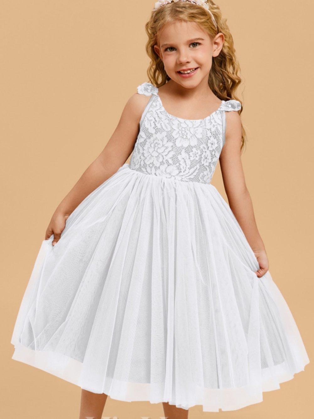 JJ's HOUSE Girl’s Size 2, White A-Line FLOWER GIRL DRESS, white lace & tulle NWT